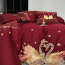 Gold swan love red satin bedding set bedroom gold embroidery