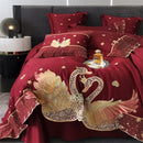 Gold swan love red satin bedding set bedroom gold embroidery