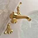 Gold widespread bathroom faucet waterfall design with lever handles
