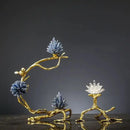 Golden bird metal branch sculpture with crystal flowers living room