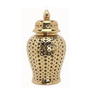 Golden ceramic ginger jar with cutouts living room decor storage pot