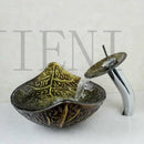 Golden leaf vessel sink set brown glass bathroom decor