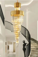 Golden luxury spiral crystal chandelier staircase multi tier light