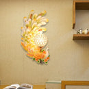 Golden peacock wall light with crystal shade – living room yellow & green