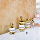 Golden plated bathroom faucet set with white ceramic handles
