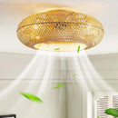 Golden woven bamboo ceiling fan with light bedroom retractable blades