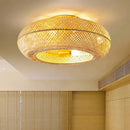 Golden woven bamboo ceiling fan with light bedroom retractable blades