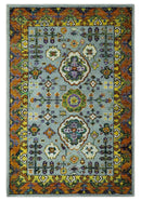 Gray, Gold and Mustard 5.6x8.6 Hand Knotted Traditional Oushak wool Area Rug