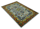 Gray, Gold and Mustard 5.6x8.6 Hand Knotted Traditional Oushak wool Area Rug