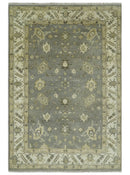 Gray, Ivory and Beige 6x8.8 Hand Knotted Traditional Oushak wool area rug