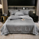 Gray ruched summer quilt set with black trim bedroom bedding
