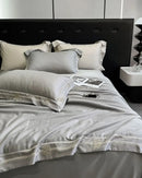 Gray satin eucalyptus fiber summer quilt bedding set bedroom gold trim