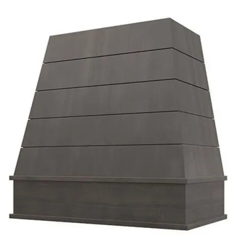 Stained Gray Wood Range Hood With Tapered Shiplap Front and Block Trim - 30", 36", 42", 48", 54" and 60" Widths Available