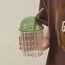 Green 450ml striped glass cup with lid and straw kitchen glassware