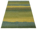 Green, Gold and Teal Modern Stripes Design Hand knotted 6x8 wool Area Rug