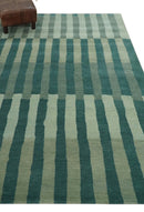 Green, Ivory and Beige Stripes Pattern Hand knotted 5.6x8 wool Area Rug