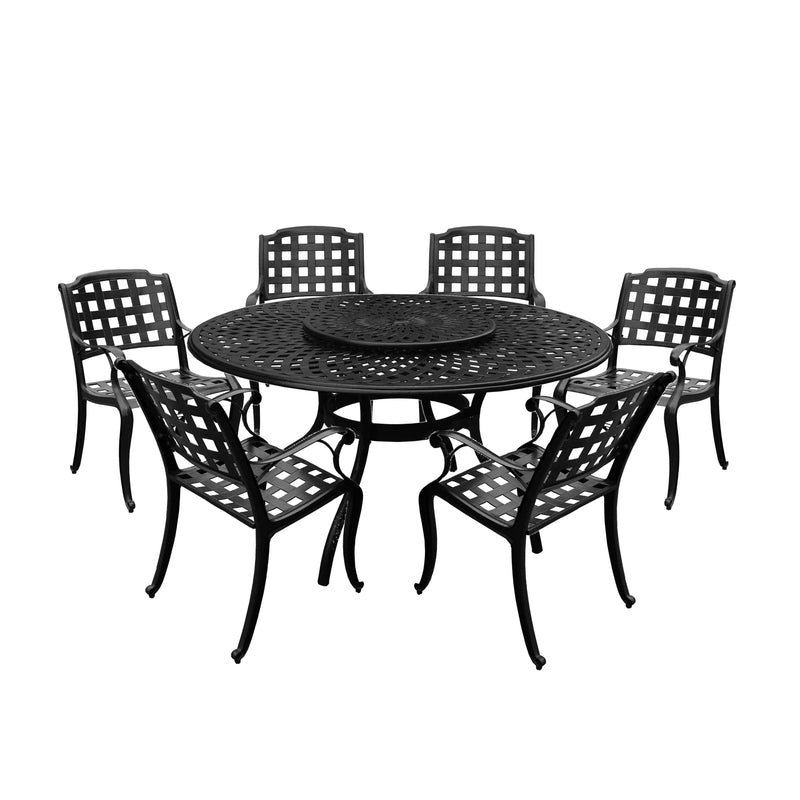 Aluminum 7pc Black Round Patio Dining Set, Lazy Susan, Six Chairs