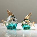 Hand blown glass fish figurine set turquoise & clear living room decor