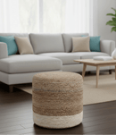 Hand Braided Natural Brown and White Jute Round Pouf