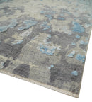 Hand Carved Abstract 8x10 Beige, Charcoal and Blue Hand Knotted Wool and Real Silk Area Rug