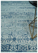 Hand carved Design Blue, Gray and silver Traditional Hand knotted 8x10 wool Area Rug