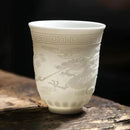 Hand carved translucent white jade tea cup set dining room ceramic