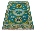Hand knotted 2x3 Yellow And Teal Traditional Khotan Design Wool Area Rug