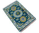 Hand knotted 2x3 Yellow And Teal Traditional Khotan Design Wool Area Rug