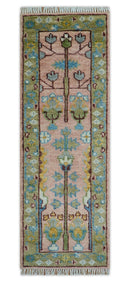 Hand knotted 2x6 Peach And Green Traditional Oushak Design Wool Area Rug