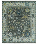 Custom Made Hand Knotted Charcoal and Ivory Traditional Oushak Wool Area Rug