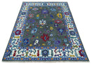 Hand Knotted Charcoal and Ivory Traditional Oushak Style Wool Rug