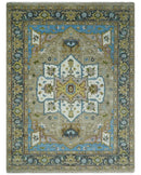 Custom Made Hand Knotted Ivory and Camel Traditional Heriz Wool Rug