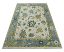 Hand Knotted Ivory, Silver and Blue Traditional Oushak Custom Made Wool Area Rug