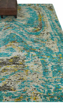 Hand Knotted 5x8 Blue, Ivory and Brown Modern Abstract  Recycled Silk Area Rug