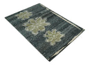 Hand Knotted 5x8 Charcoal and Olive Floral Design Recycled Silk Area Rug