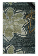 Hand Knotted 5x8 Charcoal and Olive Floral Design Recycled Silk Area Rug