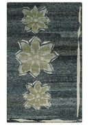Hand Knotted 5x8 Charcoal and Olive Floral Design Recycled Silk Area Rug