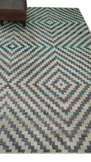 Hand Knotted 5x8 Ivory, Blue and Purple Geometric Style  Bamboo Silk Area Rug
