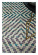 Hand Knotted 5x8 Ivory, Blue and Purple Geometric Style  Bamboo Silk Area Rug