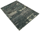 Hand Knotted 5x8 Ivory, moss green and Black Modern Abstract  Recycled Silk Area Rug