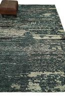 Hand Knotted 5x8 Ivory, moss green and Black Modern Abstract  Recycled Silk Area Rug