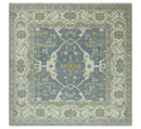 Hand Knotted 6x6 Square Oriental Oushak Ivory, Charcoal and olive Wool Area Rug