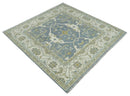 Hand Knotted 6x6 Square Oriental Oushak Ivory, Charcoal and olive Wool Area Rug