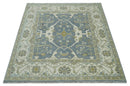 Hand Knotted 6x6 Square Oriental Oushak Ivory, Charcoal and olive Wool Area Rug