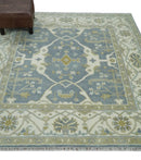 Hand Knotted 6x6 Square Oriental Oushak Ivory, Charcoal and olive Wool Area Rug