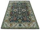 Teal and Ivory Traditional Oriental Oushak Custom Made Hand Knotted Wool Area Rug