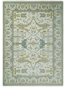 Custom Made Hand Knotted Oriental Oushak Ivory and Blue Wool Area Rug
