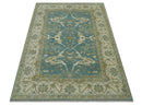 Hand Knotted 6x9 Teal, Ivory and Olive Traditional Oriental Oushak wool rug