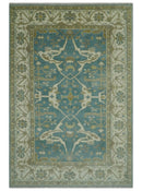 Hand Knotted 6x9 Teal, Ivory and Olive Traditional Oriental Oushak wool rug