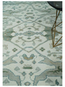 Custom Made Hand Knotted Oriental Oushak Ivory and Teal Wool Area Rug
